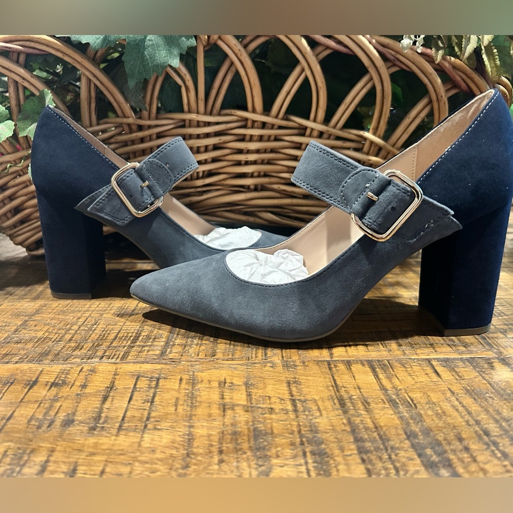Sophisticated Gray and Blue Suede Heels with Strap